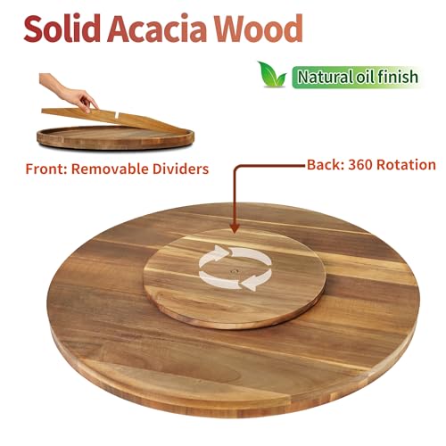 Utoplike Extra Large Acacia Serving Tray, Rotating 23.6'' Charcuterie Board | Cheese Board with Rotating Base, Raised Edge, Removable Dividers, Turntable Organizer Tray for Food, Snacks, Party, Dining - size: 23.6"