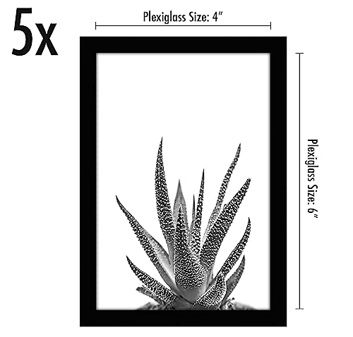 Americanflat 4x6 Picture Frame 5-Pack - Slim Molding - Black | Polished plexiglass front, wall or tabletop display with included easel, triangle hangers included, secure turn-tab backing - color: Black, size: 4x6