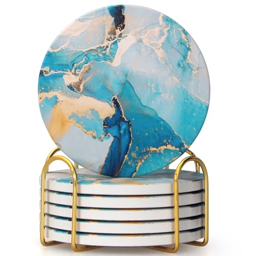 6 Pcs Light Blue Marble Abstract Ceramic Coasters with Holder Best Round Drink Absorbent Coasters for Desk, Lounge, Coffee, Wine, Beverage, Dining Table Decor, Bar Coaster Set - color: Light Blue