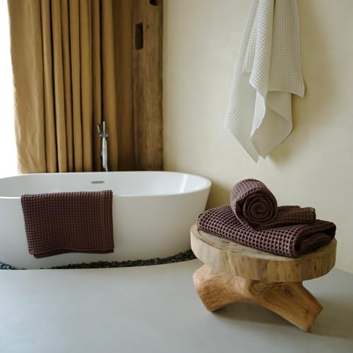 Luxury Organic Japanese Cotton Waffle Bath Towel | Thick, Absorbent, Quick Dry Bathroom Towels for Shower, Sauna, Onsen| Hotel & Spa Quality, Gift-Ready (Dark Cocoa, Hand Towel (3 Pack)) - color: Dark Cocoa, style: Hand Towel Set (3 Pack)