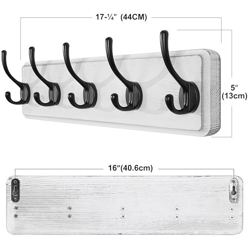 SKOLOO Rustic Wall Mounted Coat Rack, 16 inches Hole to Hole, Case of 2, Pine Solid Wood Coat Hook Hanger - 5 Hooks for Hanging Clothes Robes Towels Coats - color: White Plate & Black Hook, size: 2 Item-5 Hooks