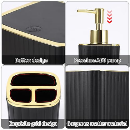 XLHOMO Bathroom Set with Shower Curtain and Rugs- 25PC Bathroom Accessory Set, Black Shower Curtain Set, Toilet Brush, Trash Can, Qtip Holder & Soap Dispenser - size: Bath Set+Shower Curtain+Rugs, style: Black&Gold