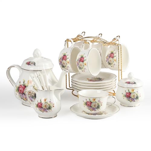 Sweejar 23 Pcs Floral Tea Sets with Metal Holder, Relief Gold Rim Porcelain Tea Sets for Adults, Cup and Saucer Set for 6, with Teapot, Sugar Bowl, Milk Jug, Spoons (Flower Style) - color: Flower Style