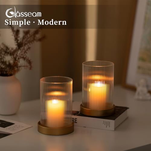 Glasseam Hurricane Glass Candle Holder: Gold Pillar Candle Holders Set of 2 Ribbed Glass Cylinder Covers with Metal Candle Tray Modern Candle Holders for Table Centerpiece Living Room Decorations | 3.94''x5.71'' Ribbed Open-End Sleeve, Fit 4'' Pillar Cand