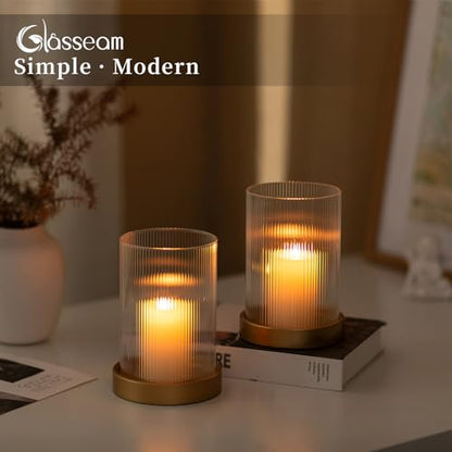 Glasseam Hurricane Glass Candle Holder: Gold Pillar Candle Holders Set of 2 Ribbed Glass Cylinder Covers with Metal Candle Tray Modern Candle Holders for Table Centerpiece Living Room Decorations | 3.94''x5.71'' Ribbed Open-End Sleeve, Fit 4'' Pillar Cand