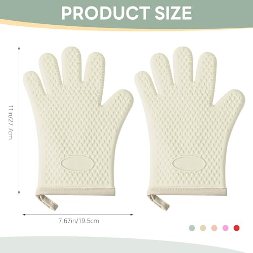 1 Pair Oven Mitts, Heat Resistant Protective Oven Gloves, Cotton Lined Silicone Kitchen Mitts Pair, Nonslip Silicone Cooking Gloves with Fingers (White) - color: White