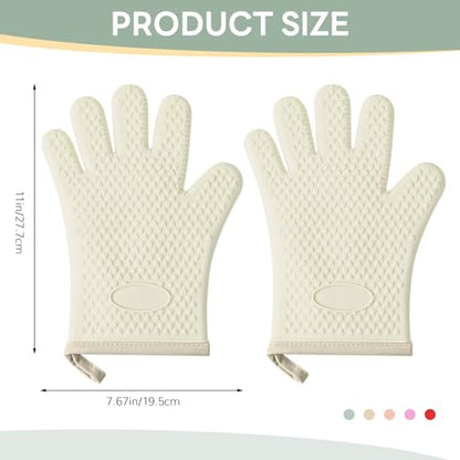 1 Pair Oven Mitts, Heat Resistant Protective Oven Gloves, Cotton Lined Silicone Kitchen Mitts Pair, Nonslip Silicone Cooking Gloves with Fingers (White) - color: White