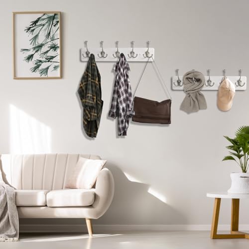 IBosins 2 Pack White Coat Rack Wall Mount, 17" Long with 5 Tri-Hooks | Wall Mounted Heavy Duty Metal Coat Hook Rail for Entryway, Closet, Bathroom, Coat, Jacket, Scarf, Towel, Hat - color: White Wood Plate & Silvery Tri-Hook, size: 2 Item-5 Hooks