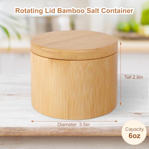Salt Holder with Lid, Bamboo Salt Container, Salt Cellar with 360° Swivel Lid for Countertop to Store Pepper Spice, Premium Solid Salt Box Holder on Your Kitchen, 6 Oz by Pniimoo