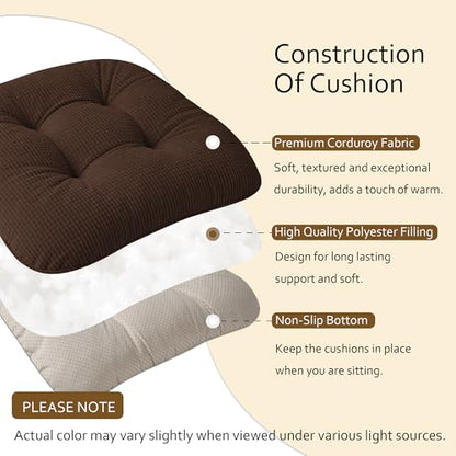 ELFJOY Dining Chair Cushions Set of 2 Non Slip 18"X18"X3" Brown | Thick,Textured Fabric, with Ties, Tufted, Large, for Kitchen, Dining Room, Indoor, Bedroom, Living Room, Office, Comfortable - color: Brown