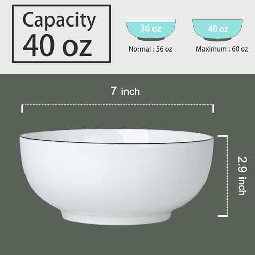 40 oz Large Soup, Ramen, Pho, Noodle, and Salad Bowl Set of 4, Rimmed 7 in White Ceramic Bowls, Versatile & Microwave Safe - size: Rimmed 7-inch, 40 Ounce
