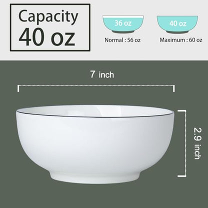 40 oz Large Soup, Ramen, Pho, Noodle, and Salad Bowl Set of 4, Rimmed 7 in White Ceramic Bowls, Versatile & Microwave Safe - size: Rimmed 7-inch, 40 Ounce