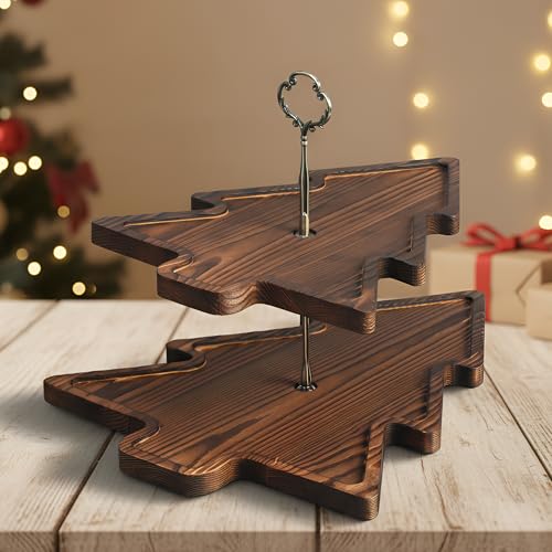 Wood 2-Tiered Christmas Tree Tray Cupcake Stand Dessert Display Holiday Serving Platters Xmas Wooden Charcuterie Board for Snacks Food Fruit Appetizers Desserts Cookies (Dark Brown) - color: Dark Brown