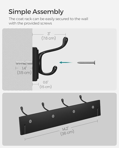 SONGMICS Wall-Mounted Coat Rack, Hook Rack, 4 Dual Metal Hooks, Black | For Coats, Bags, Keys, in the Entryway, Bedroom, Living Room ULHR023B01 - color: Black, size: 1 Pack-4 Hooks, style: Without Shelf