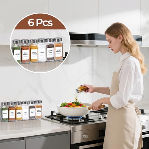 ComSaf Glass Spice Jars with Shaker Lids 8 oz 6 Pack Square | Labels, Seasoning Herbs Powders, Salt Pepper Chili, Spice Rack Organization, Kitchen Cabinet Storage, Funnel Included - color: 8oz*6 Shaker Lids