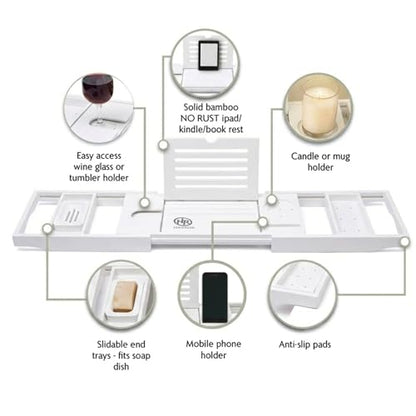 Bamboo Bathtub Caddy Tray Expandable & Foldable Bath Shelf with Book, Tablet & Wine Holder Adjustable Wooden Bath Tray for Relaxing Spa at Home – Fits Most Tub Sizes. - color: White