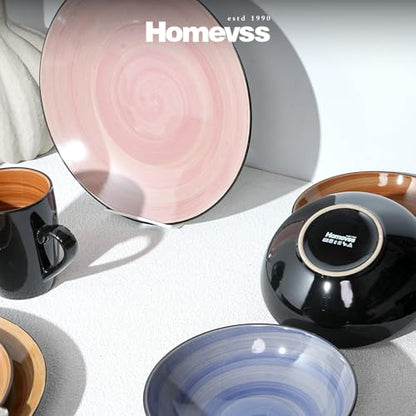 HomeVss, Sonoma 16pc Stoneware Dinnerware Set, Outside Black + Inside Hand Painting Combi Colors of Cobalt, Mocha, Rose and Spice with Speckle - color: Combi Cobalt, Mocha, Rose and Spice