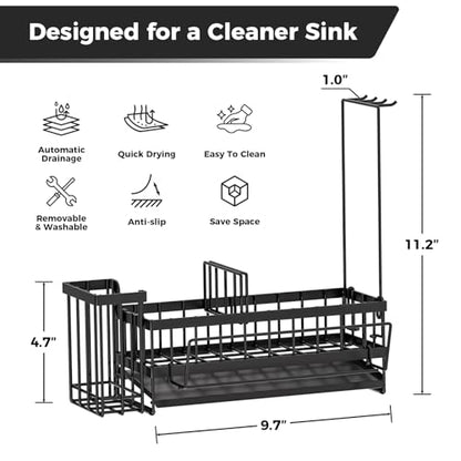 Kitchen Sink Organizer, Stainless Steel Sponge Holder, Black | Rust-Resistant Steel, Detachable Draining Board, Compartment Divider, Brush Holder & Towel Bar, Ideal for Kitchen Storage - color: Black