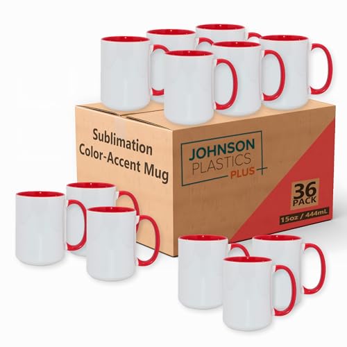 JPPlus 15oz Sublimation Mugs with Colored Handles & Interiors | Tazas para Sublimar, Bulk Mugs for Custom Designs & Branding | White Mugs Set of 12 or Case of 36- Red (36) - color: Red