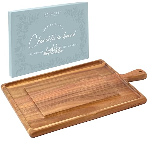 Charcuterie Board - Acacia Wood Cutting Board for Kitchen with Groove & Handle, Cheese Board for Vegetables, Bread, Fruits, Meat - Decorative Wooden Serving Tray House Warming Gift - size: 16.8"L x 11"W