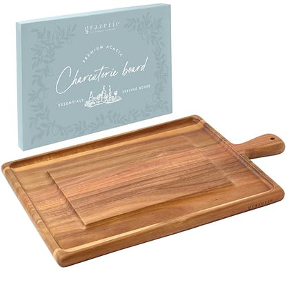 Charcuterie Board - Acacia Wood Cutting Board for Kitchen with Groove & Handle, Cheese Board for Vegetables, Bread, Fruits, Meat - Decorative Wooden Serving Tray House Warming Gift - size: 16.8"L x 11"W