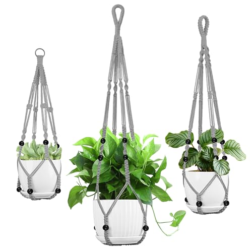Macrame Plant Hanger - Fits 4-13 Inch Pots, 35"/29"/23" Different Sizes Set, Hanging Planter Holder for Indoor Outdoor, Cotton Rope Boho Home Decor, Gray - color: Gray, size: 35+29+23in