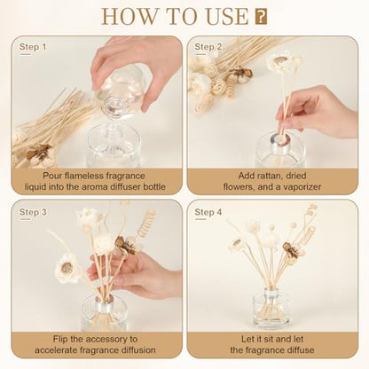 Xuhal 124 Pcs Reed Diffuser Set Natural Rattan Sticks 5.1oz Empty Glass Bottles 22 Flower Reeds Home Fragrance Diffuser Kit for Living Room Bedroom Office Decor DIY Housewarming Gift