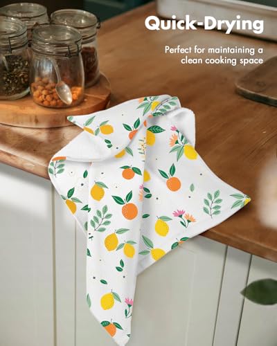 2pcs Cotton Waffle Kitchen Towels, Citrus | Waffle Weave, Terry Cloth, Pure Cotton, Sustainable, 16"x26", Highly Absorbent, with Hanging Loop, Giftable Package - color: Citrus