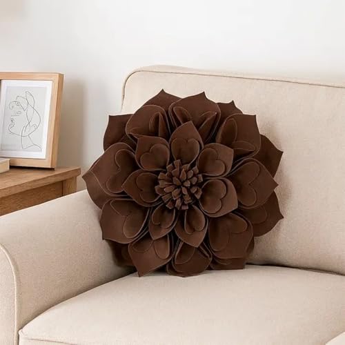 Fennco Styles Handmade 3D Heart-Shaped Petals Flower Decorative Filled Throw Pillow 13" Round - Chocolate Floral Pillow for Couch, Home Décor and Holiday, Housewarming Gift - color: Chocolate