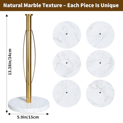 YIGII Marble Base Paper Towel Holder Countertop, Standing Paper Towel Holder with 15-Minute Magnetic Sand Timer, Papertowel Rack for Standard or Jumbo-Sized Roll Paper - style: Gold & White Marble