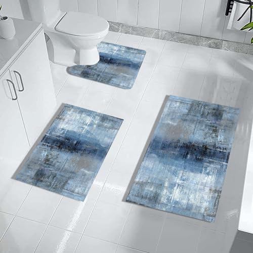 MUGINYU Navy Blue Bathroom Rug Set 3 Piece Decor Grey Ombre Abstract Aesthetic Farmhouse Thin Rubber Diatomaceous Earth Quick Dry Bath Mat Rugs Water Absorbent Mat - color: Blue Abstract Art Painting