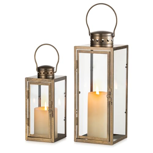 NUPTIO Vintage Lanterns Decorative Outdoor, 9.5" & 13.8" Set of 2 Lantern | Rustic Metal Lantern Decor with Glass, Distressed Gold Candle Holder for Wedding Christmas Mantel Living Room Patio - color: Distressed Gold, size: S+L