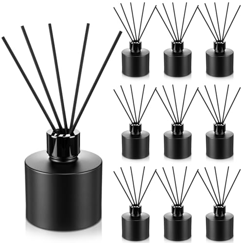 10 Set Reed Diffuser Bottles, 100ml Glass Jars with Stick, Black | Empty Glass Bottles, Refillable Fragrance, Black Caps, Inner Stoppers, for DIY Scent Blends, Living Room Home, No Oils - color: Black