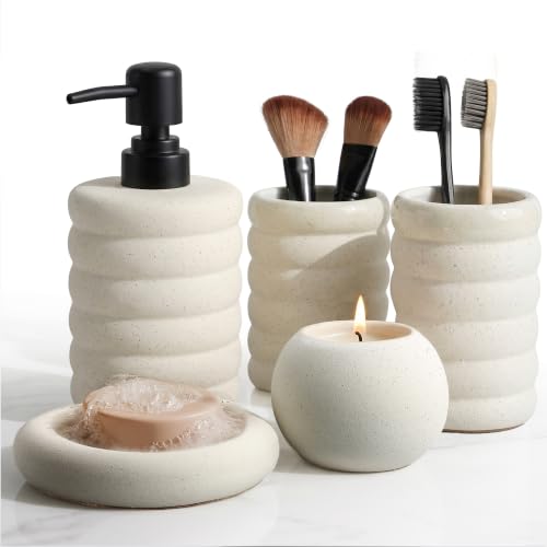 5 Pcs Ceramic Bathroom Accessories Set, White Bathroom Soap Dispenser Set | Soap Dispenser 16Oz, Toothbrush Cup, Toothbrush Holder, Soap Dish, Candle Holder,Modern Bathroom Accessory Set for Countertop - color: White-001