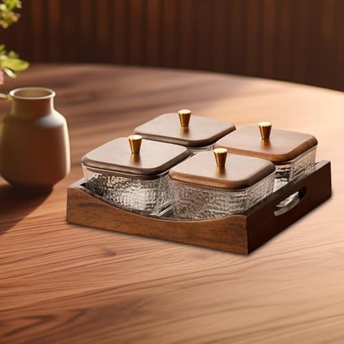 Divided Serving Tray with Lid, Made of Glass and Wood, Snack Bowl with Compartments for Fruit, Nuts, and Sweets. and Practical for Kitchen, of, 4 Compartment Square - size: 4 Compartment Square