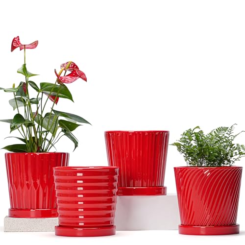 6 Inch Flower Pots for Plants, Ceramic Planter with Drainage and Saucer | 4 Pack Red Indoor & Outdoor Plant Pots | For Indoor Plants, Succulents, Orchids, Snake Plants | Christmas Housewarming Gifts - color: Red
