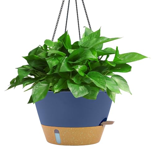 ZMTECH 12 Inch Hanging Planters for Indoor Plants, Large Blue Self Watering Hanging Planter with Visible Water Level & Heavy Duty Chain, Modern Flower Pots for Outdoor Patio Decor - color: Blue