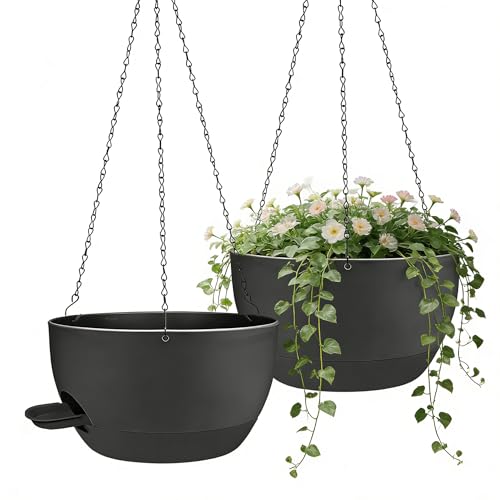 12 Inch Self Watering Hanging Planters 2 Pack, Black. | Plastic planters with drainage holes and saucers. Suitable for indoor, outdoor, kitchen, balcony and garden plant decor. - color: Black