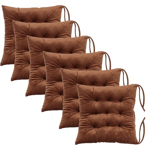 6 Pack Square Seat Cushion Chair Pads for Kitchen Dining Chairs, Soft Comfort Velvet Chair Mat Pillow Cushions with Ties for Office Desk Living Room Tatami 15.5", Coffee - color: Coffee, size: 6Pack