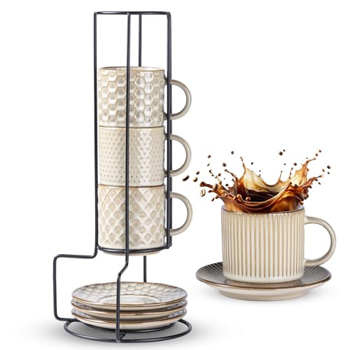 GBhome 6 OZ Stackable Coffee Mugs Set of 4, Ceramic Espresso Coffee Cups | Coffe Cups With Saucer and Stand, Dishwasher&Microwave Safe, 4 Assorted Designs - color: Pale Khaki, size: 6 Ounce (With Stand)