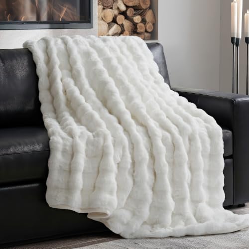 Faux Rabbit Fur Bubble Throw Blanket, 50"x60", Bright White | Ultra Soft, Luxury Faux Rabbit Fur Throw, Thick Warm Bubble Blanket, Cozy Fluffy Reversible, for Bed, Couch, Chair, Sofa - color: Bright White, size: 50"x60"