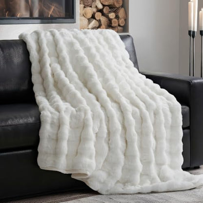 Faux Rabbit Fur Bubble Throw Blanket, 50"x60", Bright White | Ultra Soft, Luxury Faux Rabbit Fur Throw, Thick Warm Bubble Blanket, Cozy Fluffy Reversible, for Bed, Couch, Chair, Sofa - color: Bright White, size: 50"x60"