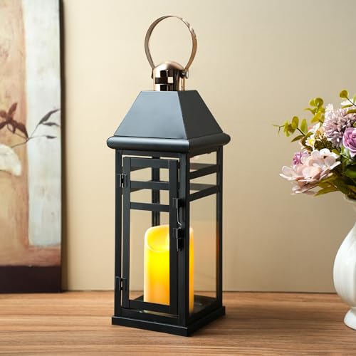 TRIROCKS Decorative Vintage Candle Lanterns 18" H Farmhouse Outdoor Hanging Lanterns with Tempered Glass for Porch Balcony Patio Home Centerpieces Indoor Outdoor(Black with Gold top) - color: Black