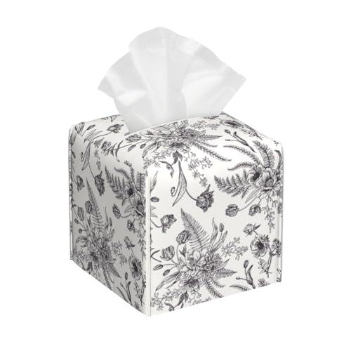 Black and White Flowers Tissue Box Cover Square,Vintage Floral Plant Leaves Tissue Box Holder Waterproof Leather Facial Paper Organizer Dispenser for Bathroom Home Car Nightstand Vanity Desk - color: Color-16