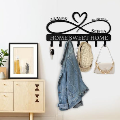 Personalized Metal Key Holder for Wall | Heart Shape Key Holder Wall Mount | Custom Couple's Name Key Rack Coat Rack | Wedding Couple Gifts | Key Holder Wall Hanging for Kitchen Bedroom Hallway - color: 07 Heart