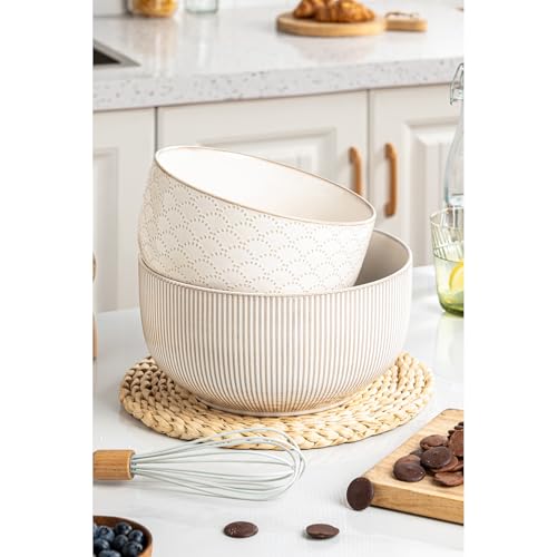 Mikiegy Ceramic Mixing Bowls Set of 2, Nesting Ceramic Embossment Stoneware Mixing Bowls for Cooking, Serving, Popcorn, Salad etc, Microwave & Dishwasher Safe, 98/145 oz, Off-White - size: 98&145 oz