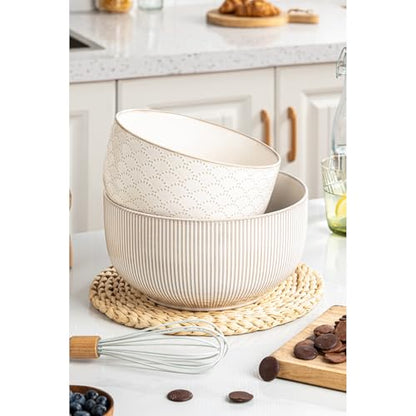 Mikiegy Ceramic Mixing Bowls Set of 2, Nesting Ceramic Embossment Stoneware Mixing Bowls for Cooking, Serving, Popcorn, Salad etc, Microwave & Dishwasher Safe, 98/145 oz, Off-White - size: 98&145 oz