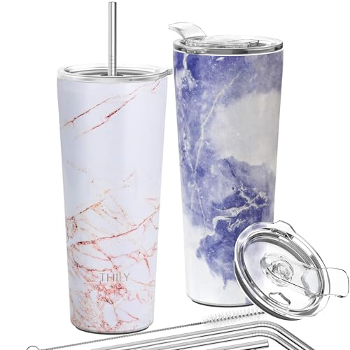 THILY Stainless Steel Vacuum Insulated Tumbler 26 oz Triple-Insulated Travel Mug with Splash-Proof Lid, for Iced Coffee and Hot Beverage, Gold Marble + Blue Marble - color: Gold Marble + Blue Marble, size: 26 Ounce (Pack of 1)