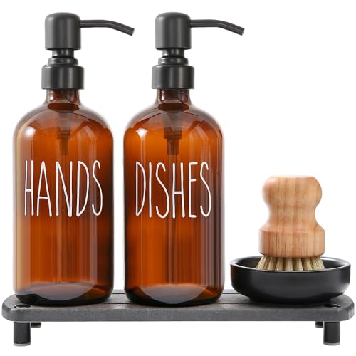 MOMEEMO Amber Glass Soap Dispenser Set Comes with Stainless Steel Pumps | Instant Dry Tray and Dish Scrub Brush, Suitable for Soap Dispenser for Kitchen Sink - color: Amber1