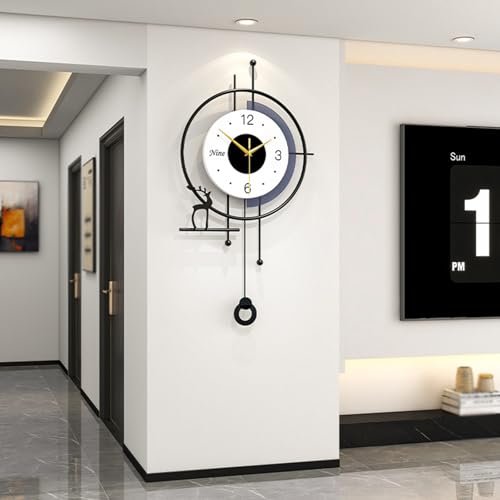 Modern Nordic Style Wall Clock Minimalist Creative Decorative Wall Clocks Silent Battery Powered Pendulum Clock Metal Frame + Wooden Dial Quartz Clock for Living Room Kitchen Bedroom Office, 13*25 in